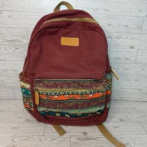 KINMAC Bohemian Marsala Red Canvas Backpack with Patterned Pockets